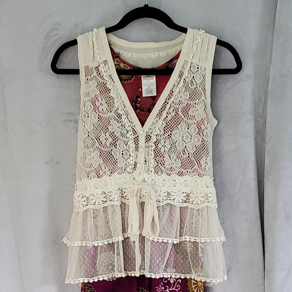 Ivory Lace Tiered Peplum Vest w/ Pearl Buttons & Drawstring Ribbon